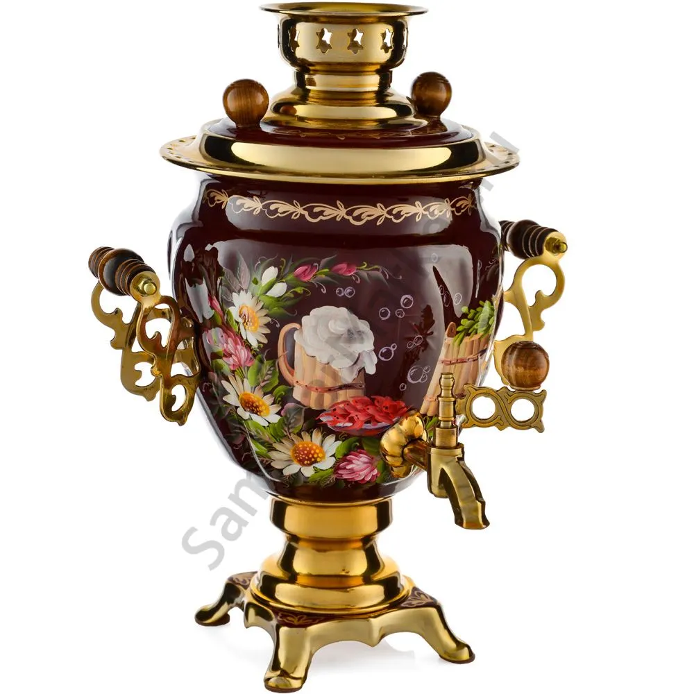 Самовар электрический 3 литра формы «Жёлудь» с худ.росписью «Баня» в наборе с подносом Самовар электрический 3 литра формы «Жёлудь» с худ.росписью «Баня» в наборе с подносом