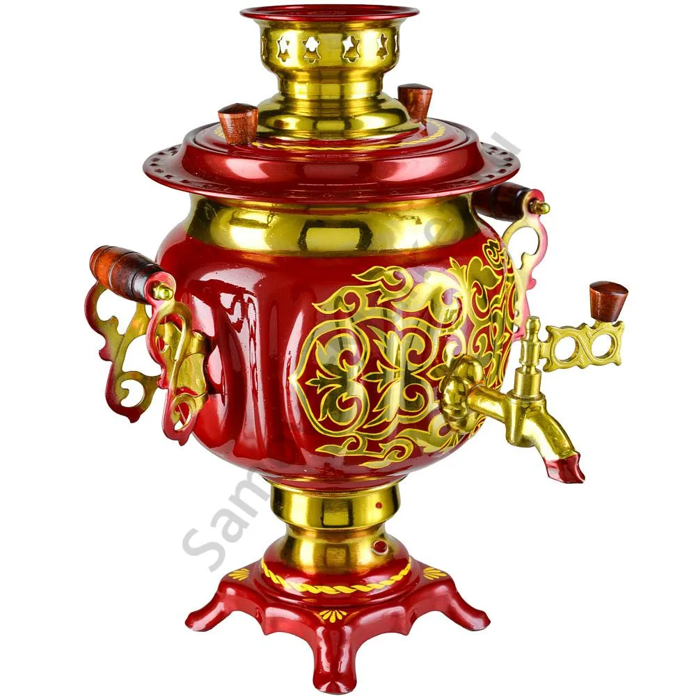 Самовар электрический 3 литра с автоотключением, худ. росписью «Орнамент красный» формы «Овал» Самовар электрический 3 литра с автоотключением, худ. росписью «Орнамент красный» формы «Овал»