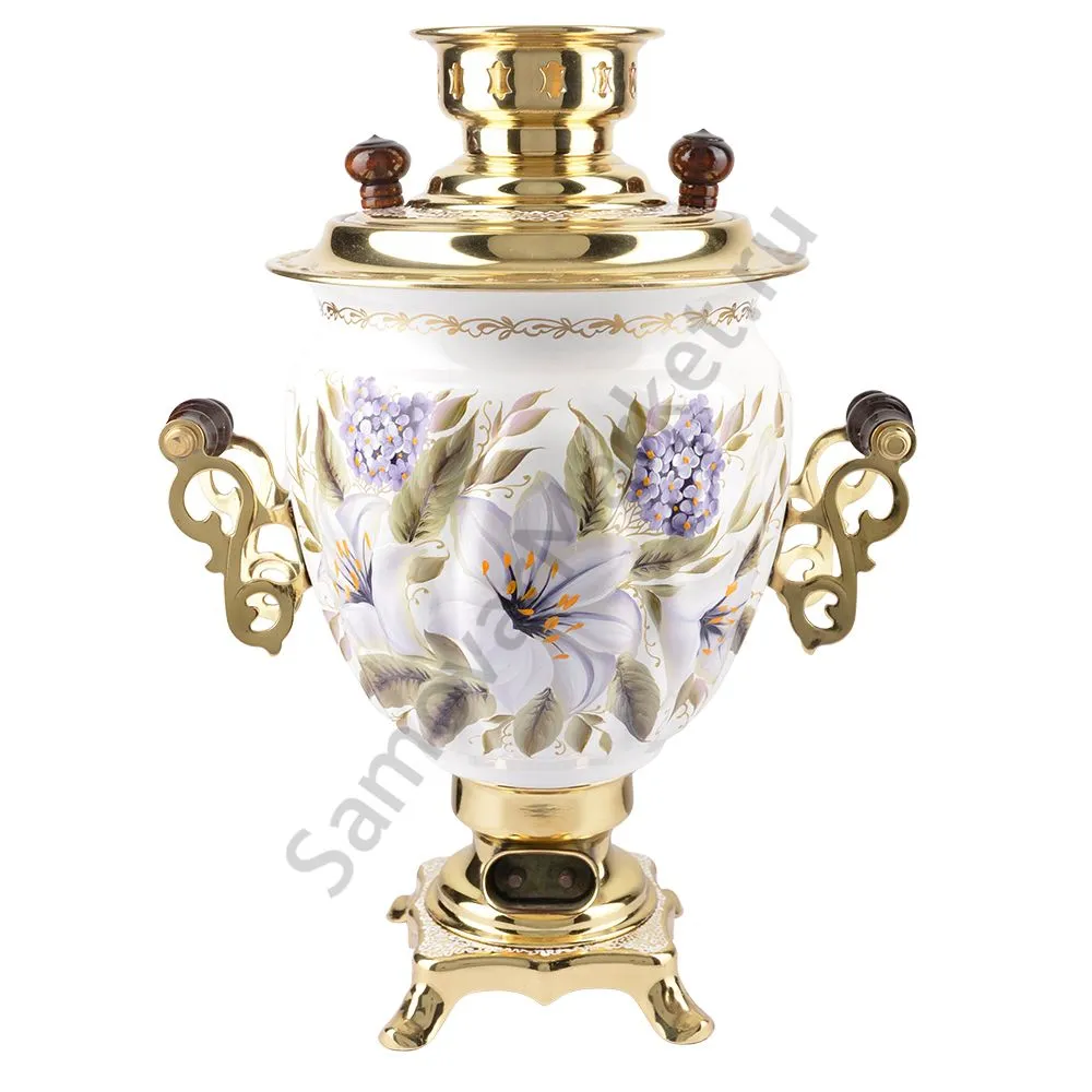 Самовар электрический 3 литра с художественной росписью «Лилии на белом в золоте» формы «Жёлудь» Самовар электрический 3 литра с художественной росписью «Лилии на белом в золоте» формы «Жёлудь»