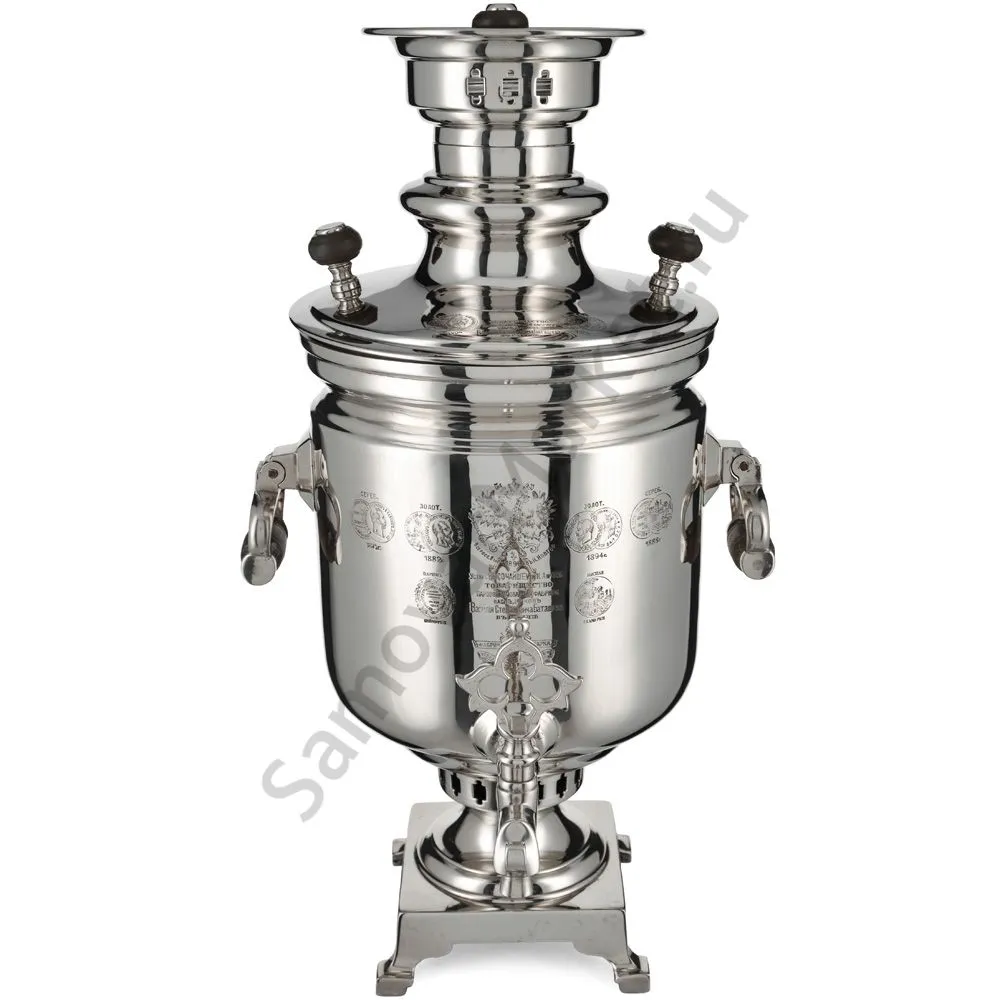 Самовар антикварный на дровах 5 литров формы «Банка» Баташева с медалями, серебристый Самовар антикварный на дровах 5 литров формы «Банка» Баташева с медалями, серебристый