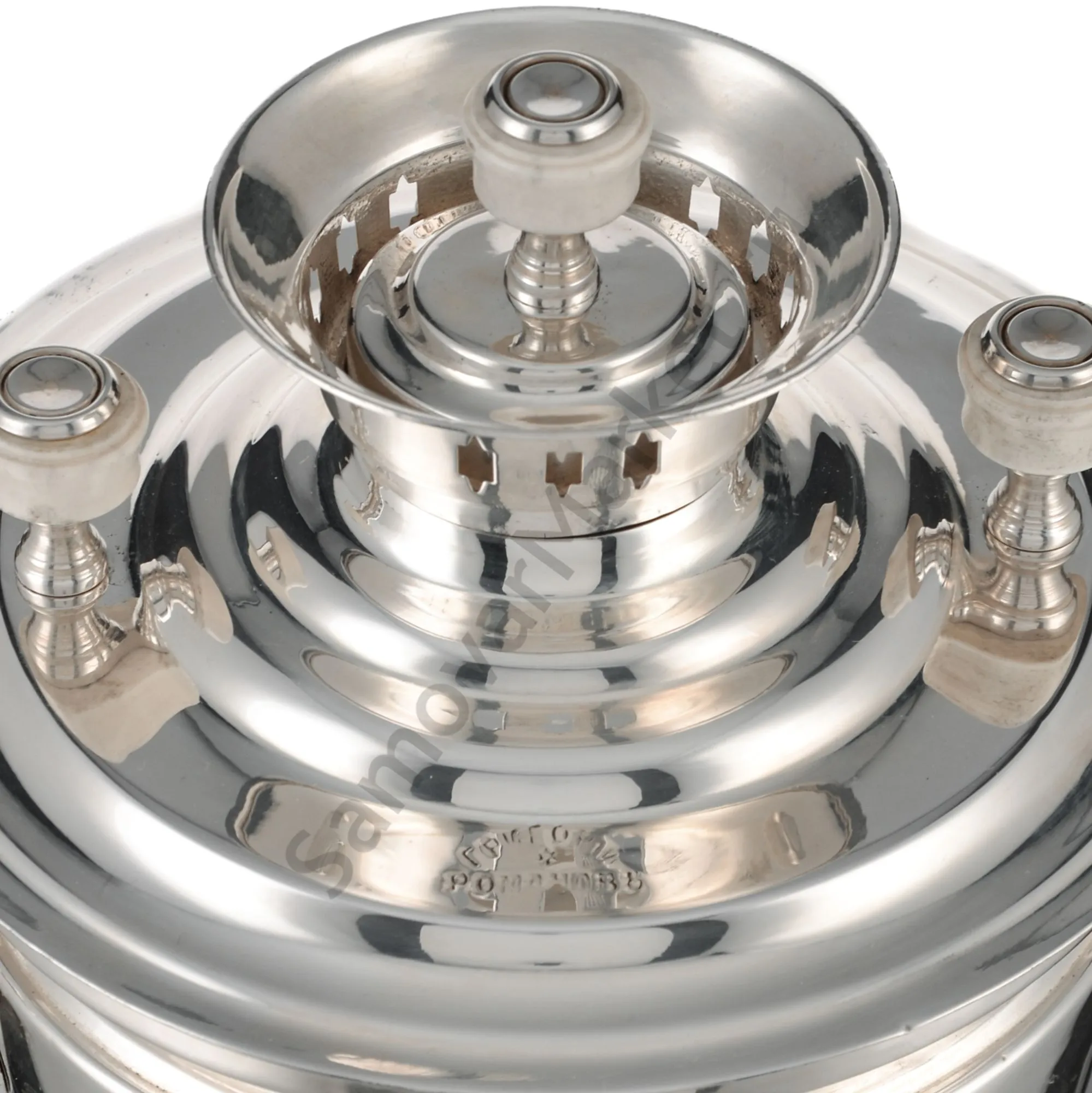 Самовар антикварный на дровах 1,1 литра формы «Рюмка» Романов,с трубой,фурнитура кость,посеребрённый