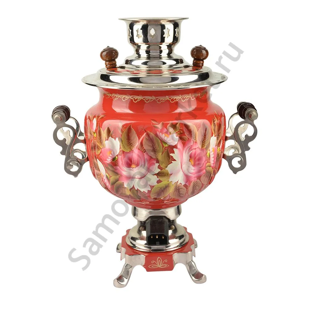 Самовар электрический 3 литра с художественной росписью «Пионы на красном в серебре» формы «Овал» Самовар электрический 3 литра с художественной росписью «Пионы на красном в серебре» формы «Овал»