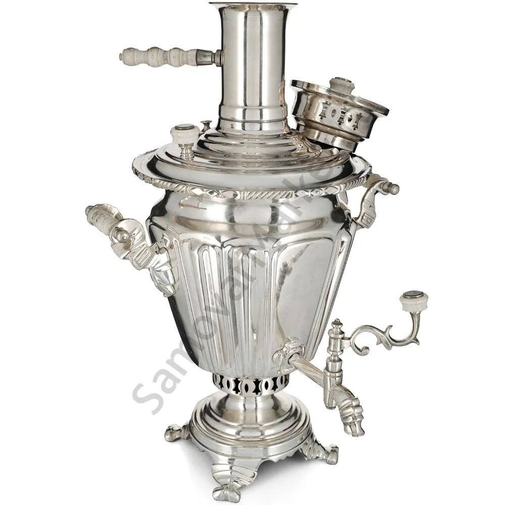 Самовар антикварный на дровах 4 литра формы «Рюмка» Шапошникова, фурнитура кость,посеребрённый Самовар антикварный на дровах 4 литра формы «Рюмка» Шапошникова, фурнитура кость,посеребрённый