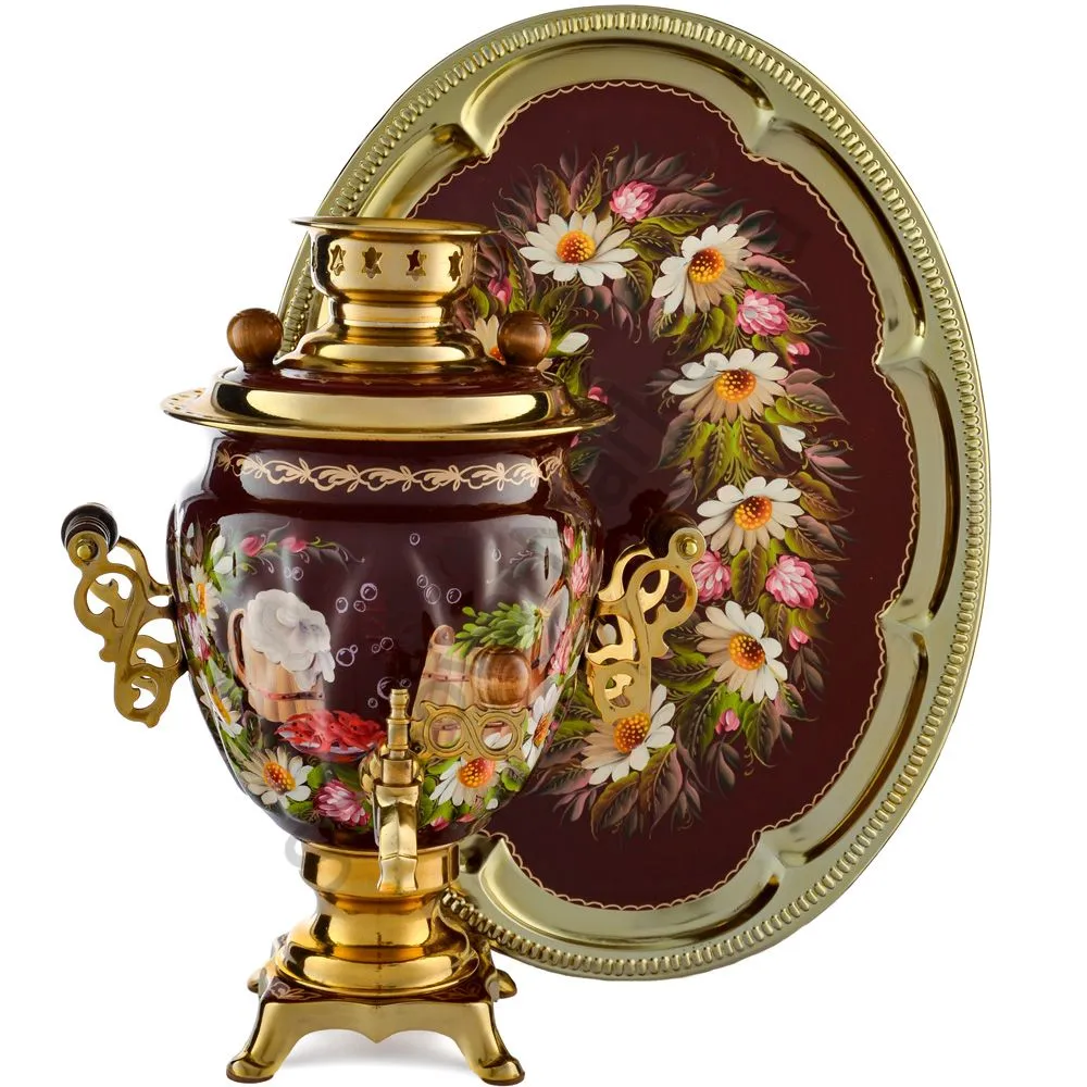 Самовар электрический 3 литра формы «Жёлудь» с худ.росписью «Баня» в наборе с подносом Самовар электрический 3 литра формы «Жёлудь» с худ.росписью «Баня» в наборе с подносом