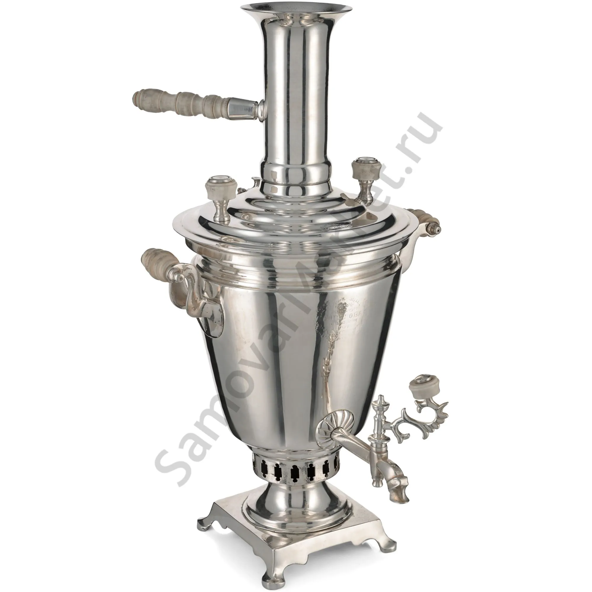 Самовар антикварный на дровах 1,1 литра формы «Рюмка» Романов,с трубой,фурнитура кость,посеребрённый