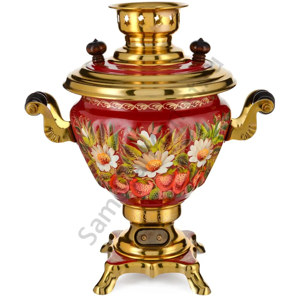 Самовар электрический 2 литра с худ. росписью «Ромашки с клубникой в золоте» формы «Чаша»  Самовар электрический 2 литра с худ. росписью «Ромашки с клубникой в золоте» формы «Чаша»