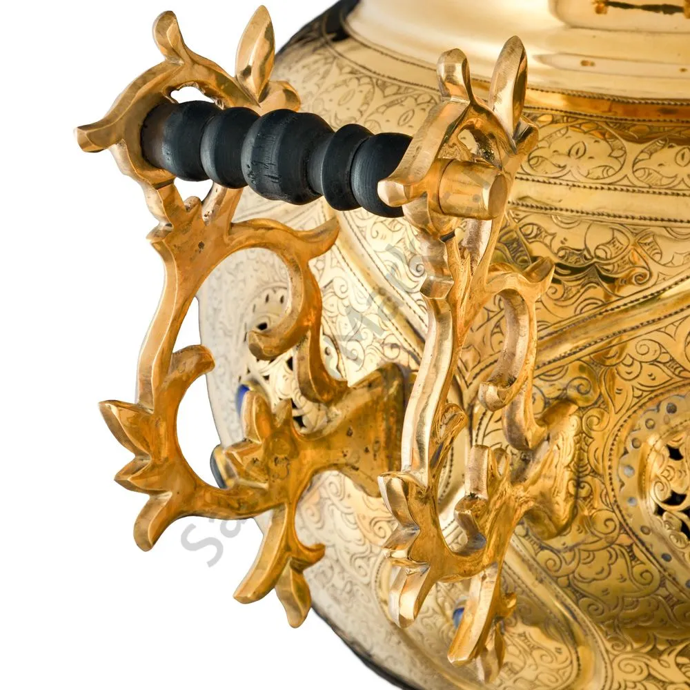 Самовар буфетный на дровах 60 л. формы«Шар»два крана на скульптурных стойках, инкрустация«Лазуритом» Самовар буфетный на дровах 60 л. формы«Шар»два крана на скульптурных стойках, инкрустация«Лазуритом»