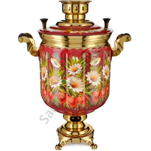 Самовар электрический 10 литров с худ. росписью «Ромашки с клубникой» формы «Банка»