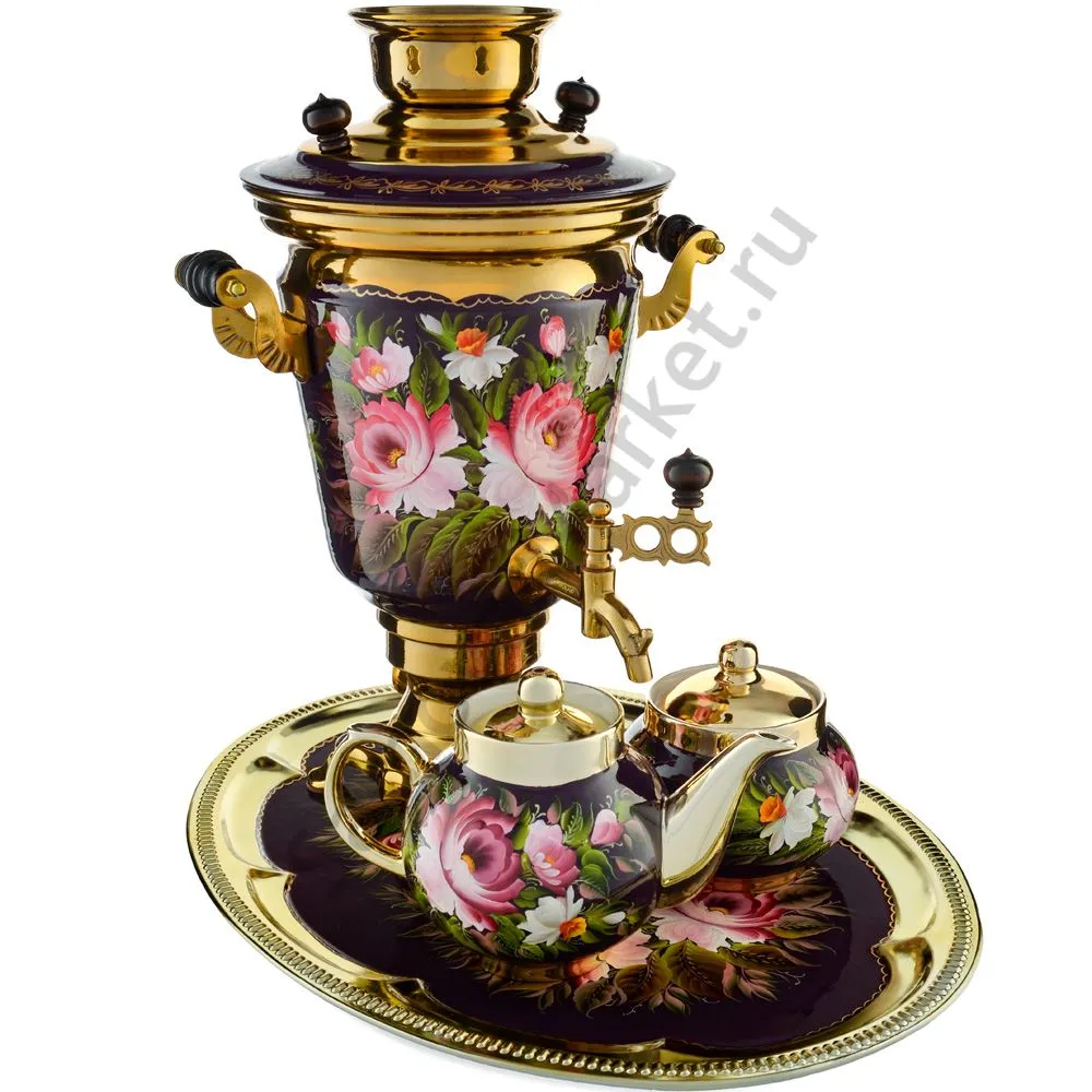 Самовар электрический 4 л.в наборе из 4 предметов с худ.росписью «Букет на фиолетовом в золоте» Самовар электрический 4 л.в наборе из 4 предметов с худ.росписью «Букет на фиолетовом в золоте»