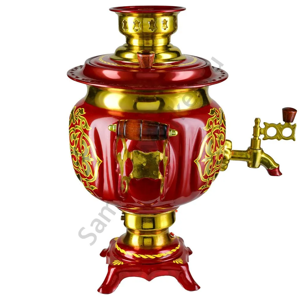 Самовар электрический 3 литра с автоотключением, худ. росписью «Орнамент красный» формы «Овал» Самовар электрический 3 литра с автоотключением, худ. росписью «Орнамент красный» формы «Овал»