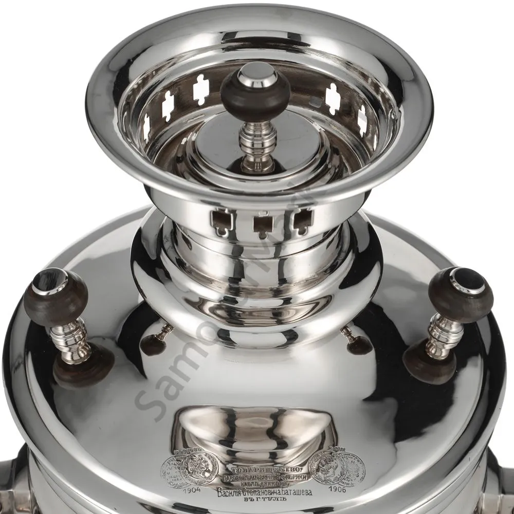 Самовар антикварный на дровах 5 литров формы «Банка» Баташева с медалями, серебристый Самовар антикварный на дровах 5 литров формы «Банка» Баташева с медалями, серебристый