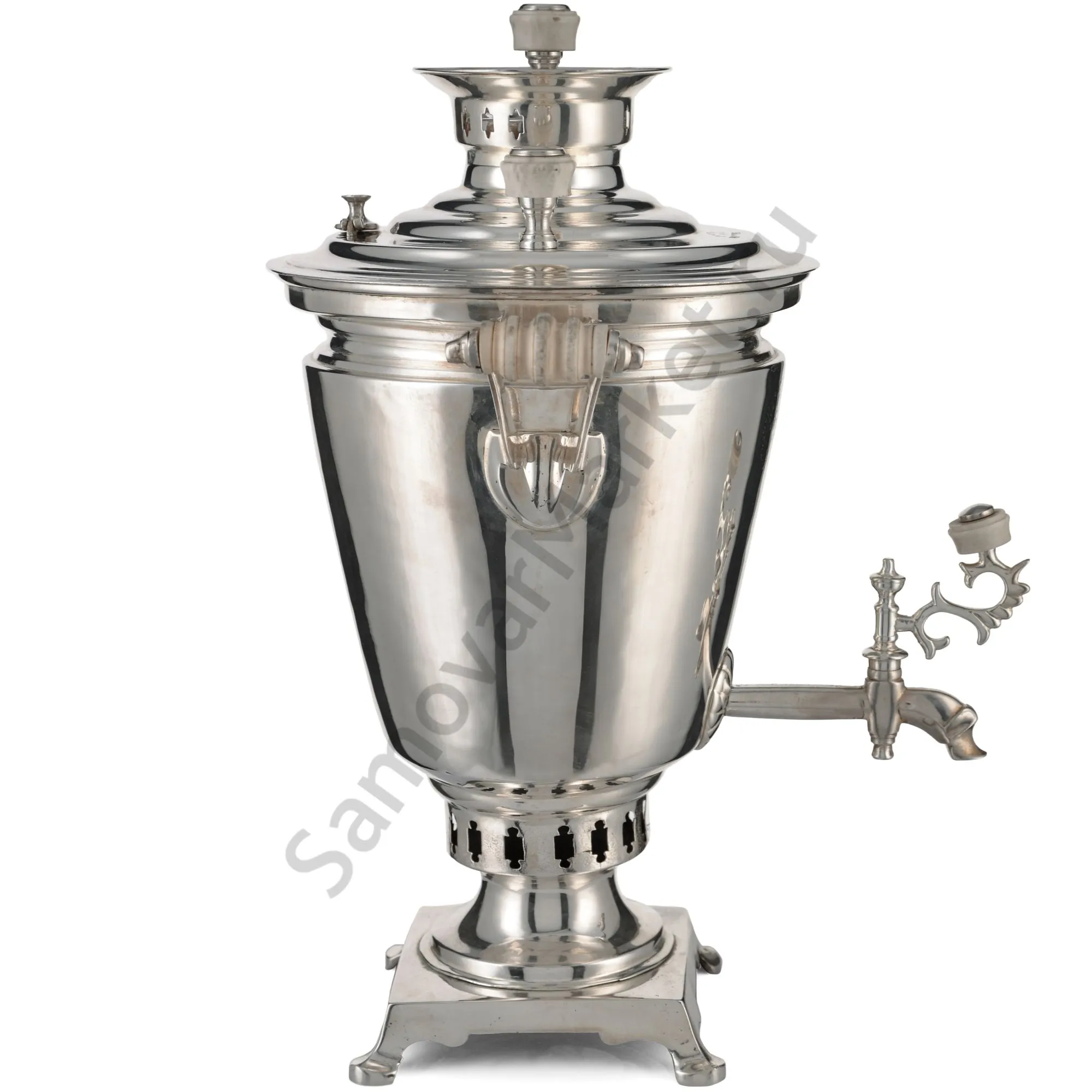 Самовар антикварный на дровах 1,1 литра формы «Рюмка» Романов,с трубой,фурнитура кость,посеребрённый