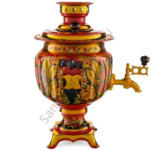 Самовар электрический 3 л. с художественной росписью «Клубника в зелени №2 на красном» формы «Овал»