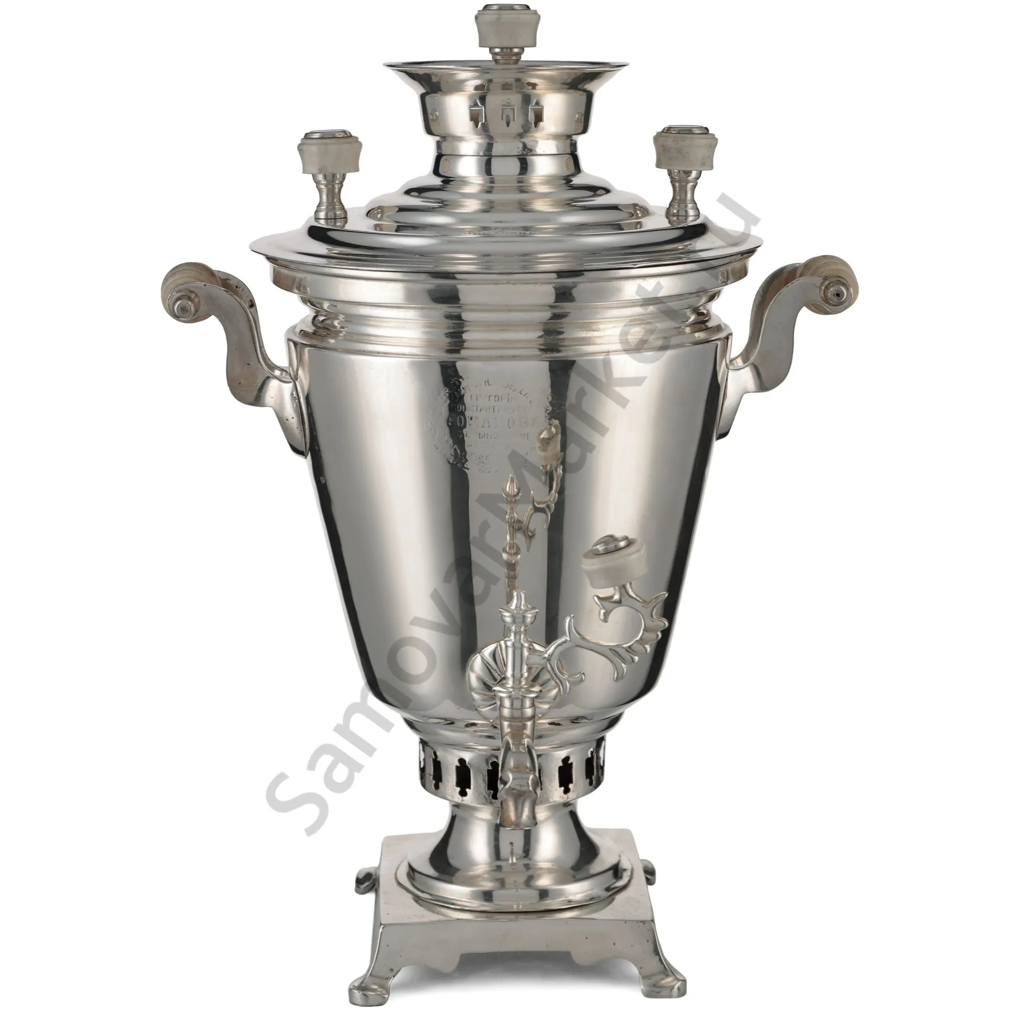Самовар антикварный на дровах 1,1 литра формы «Рюмка» Романов,с трубой,фурнитура кость,посеребрённый