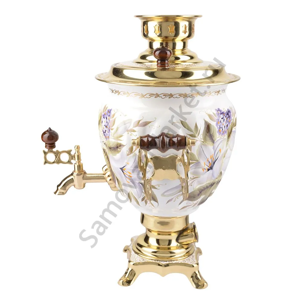 Самовар электрический 3 литра с художественной росписью «Лилии на белом в золоте» формы «Жёлудь» Самовар электрический 3 литра с художественной росписью «Лилии на белом в золоте» формы «Жёлудь»