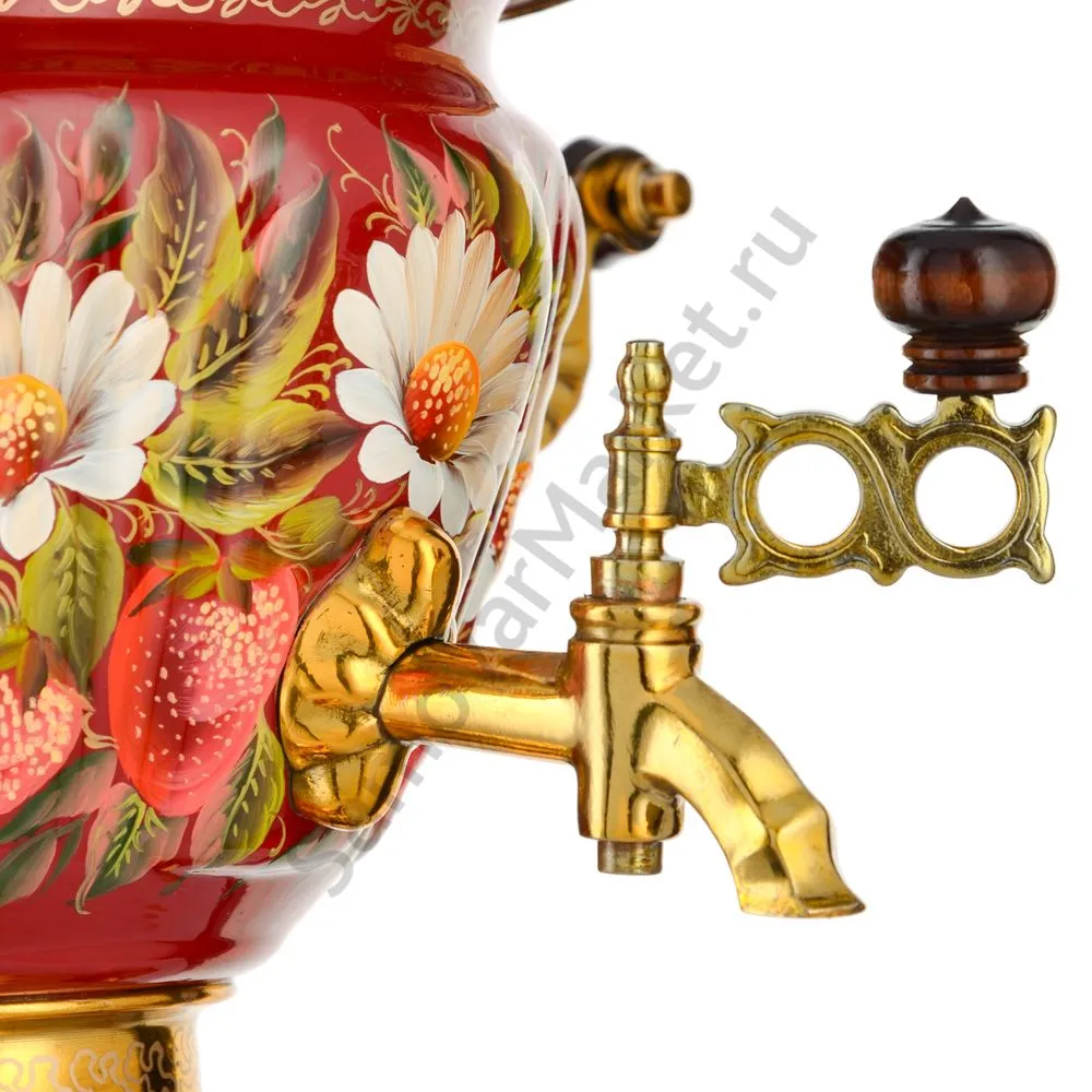 Самовар электрический 2 литра с худ. росписью «Ромашки с клубникой в золоте» формы «Чаша»  Самовар электрический 2 литра с худ. росписью «Ромашки с клубникой в золоте» формы «Чаша»