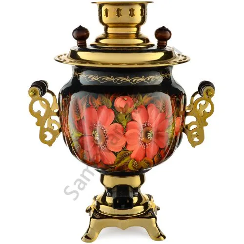 Самовар электрический 3 литра с автоотключением, худ. росписью «Маки на чёрном» формы «Овал»