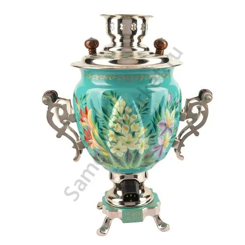 Самовар электрический 3 литра с художественной росписью «Весенние цветы в серебре» формы «Жёлудь»