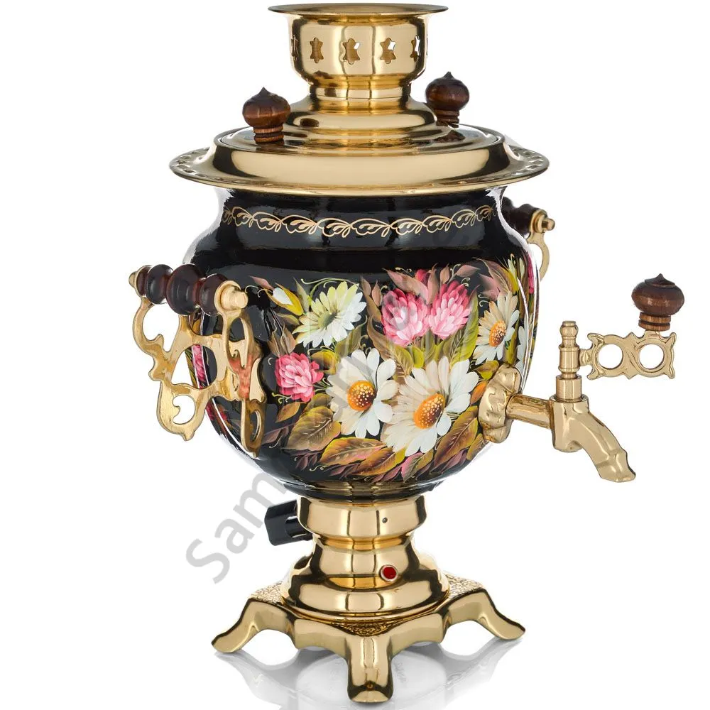 Самовар электрический 3 л с авто.откл., худ.росписью «Ромашки с клевером на чёрном» формы «Овал» Самовар электрический 3 л с авто.откл., худ.росписью «Ромашки с клевером на чёрном» формы «Овал»