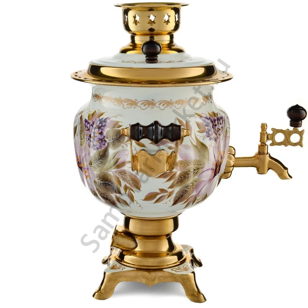 Самовар электрический 3 литра с художественной росписью «Лилии на белом в золоте» формы «Овал»  Самовар электрический 3 литра с художественной росписью «Лилии на белом в золоте» формы «Овал»