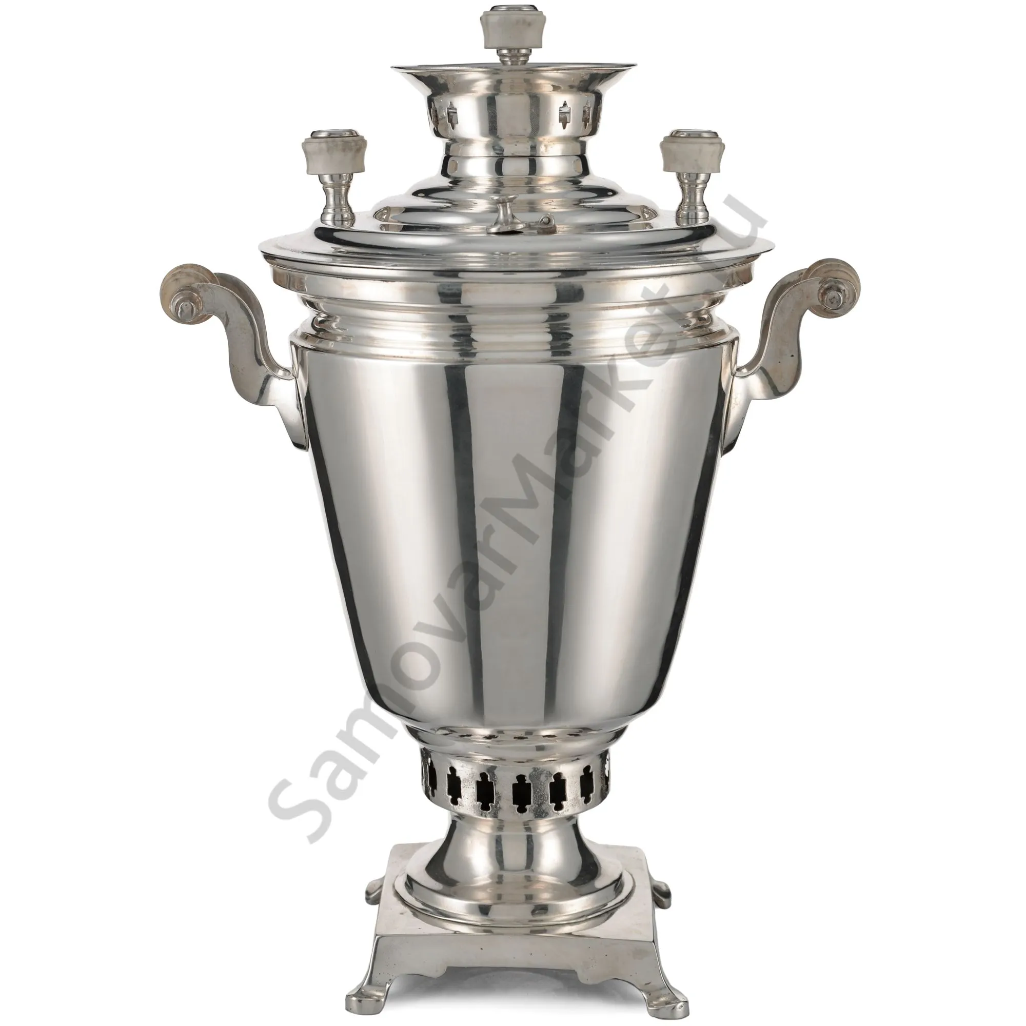 Самовар антикварный на дровах 1,1 литра формы «Рюмка» Романов,с трубой,фурнитура кость,посеребрённый