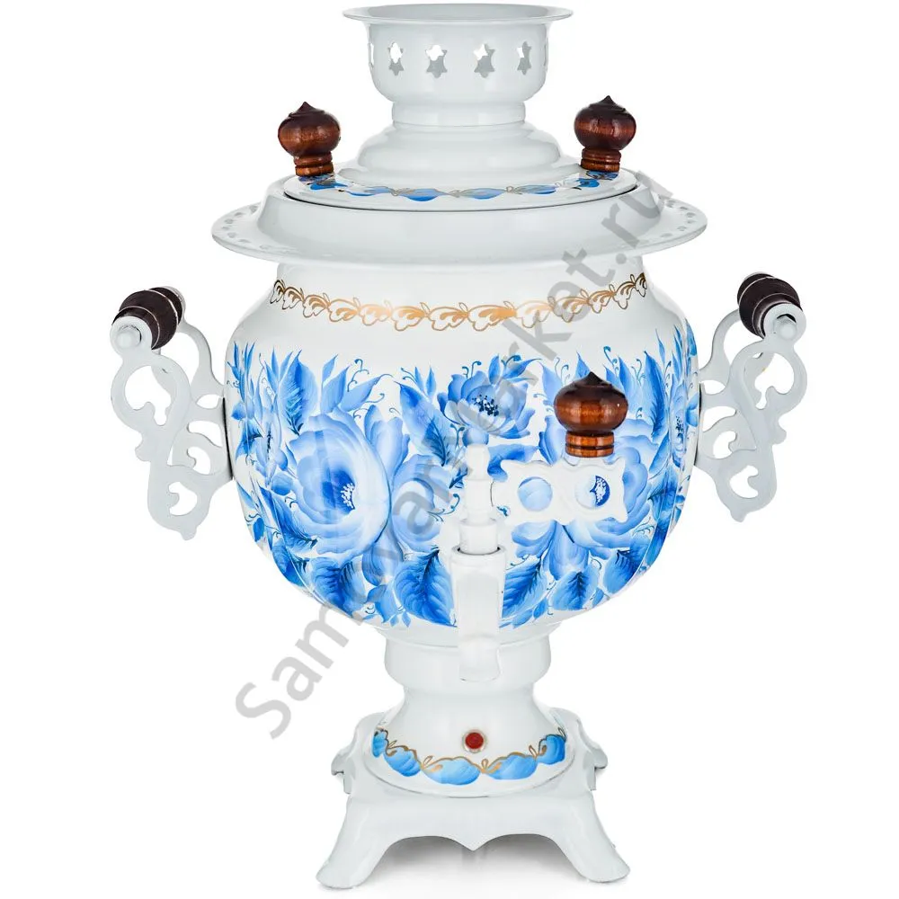 Самовар электрический 3 л с автоотключением, худ.росписью «Гжель с цветами» формы «Овал» Самовар электрический 3 л с автоотключением, худ.росписью «Гжель с цветами» формы «Овал»