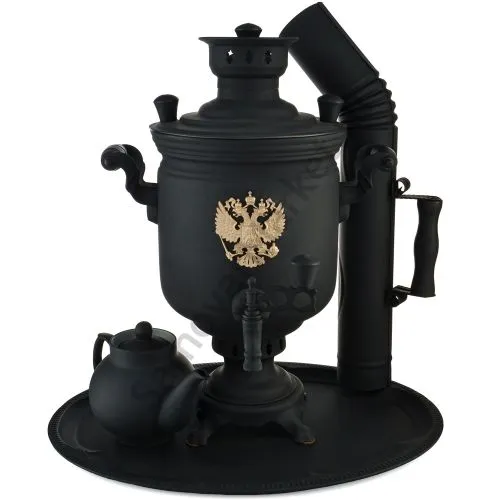 Самовар на дровах 5 литров формы «Банка с гербом РФ», в наборе из 4 предметов, «Графит»