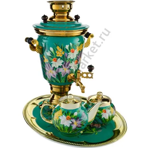 Самовар электрический 4 л.в наборе из 4 предметов с худ.росписью «Нарциссы на зелёном в золоте» 