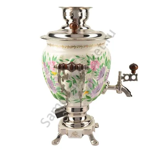 Самовар электрический 3 литра с художественной росписью «Герберы на белом» формы «Жёлудь»