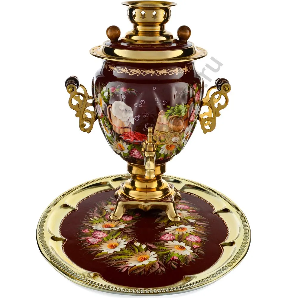 Самовар электрический 3 литра формы «Жёлудь» с худ.росписью «Баня» в наборе с подносом Самовар электрический 3 литра формы «Жёлудь» с худ.росписью «Баня» в наборе с подносом