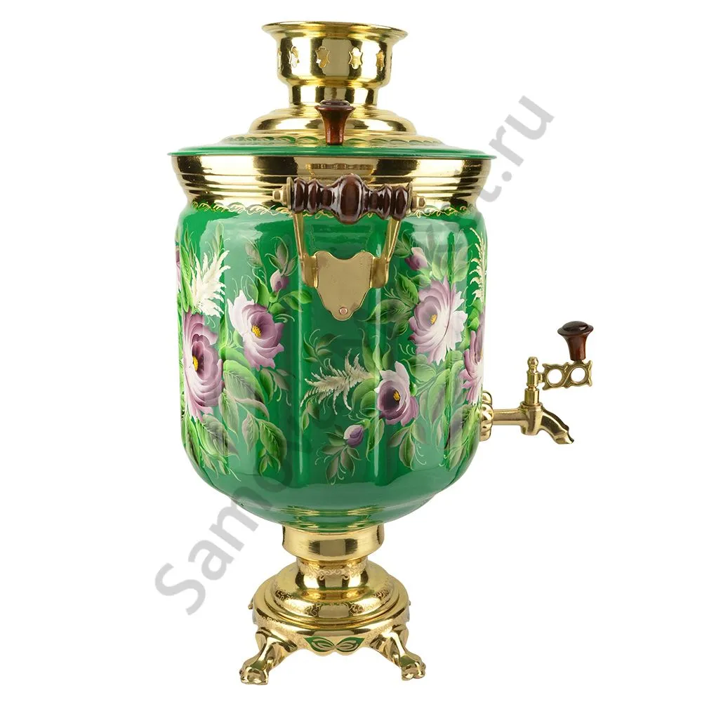 Самовар электрический 10 литров с художественной росписью «Пионы на зелёном в золоте» формы «Банка» Самовар электрический 10 литров с художественной росписью «Пионы на зелёном в золоте» формы «Банка»