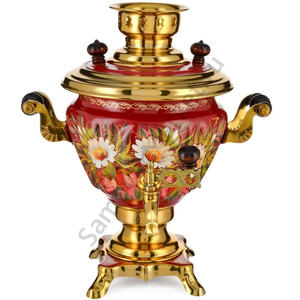 Самовар электрический 2 литра с худ. росписью «Ромашки с клубникой в золоте» формы «Чаша»  Самовар электрический 2 литра с худ. росписью «Ромашки с клубникой в золоте» формы «Чаша»