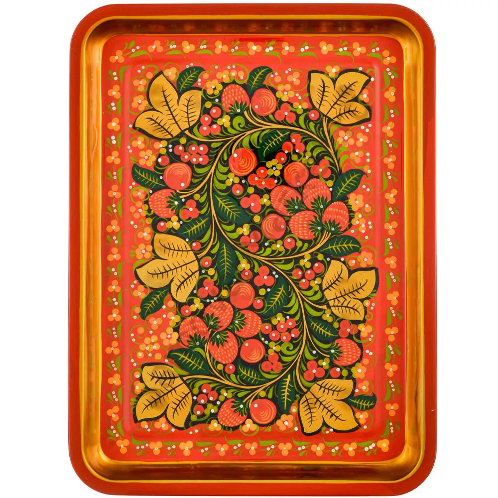 Поднос для самовара прямоугольный с художественной росписью «Хохлома с ягодами в зелени на красном» Поднос для самовара прямоугольный с художественной росписью «Хохлома с ягодами в зелени на красном»