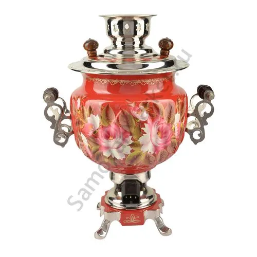 Самовар электрический 3 литра с художественной росписью «Пионы на красном в серебре» формы «Овал»