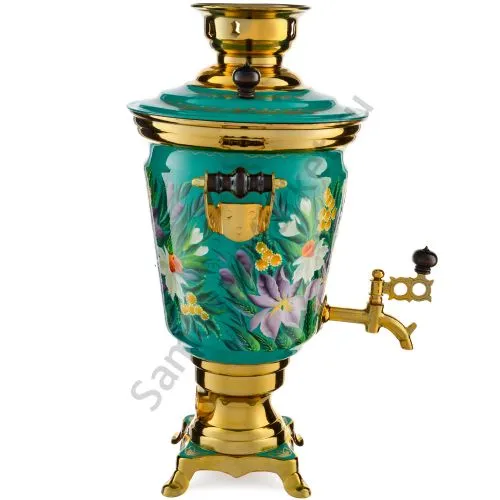 Самовар электрический 4 литра с художественной росписью «Нарциссы на зелёном в золоте» формы «Рюмка»