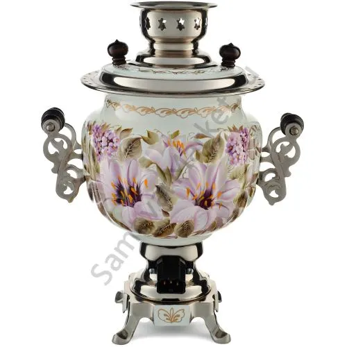 Самовар электрический 3 литра с художественной росписью «Лилии на белом в серебре» формы «Овал»