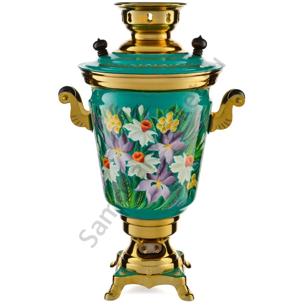 Самовар электрический 4 л.в наборе из 4 предметов с худ.росписью «Нарциссы на зелёном в золоте» Самовар электрический 4 л.в наборе из 4 предметов с худ.росписью «Нарциссы на зелёном в золоте»