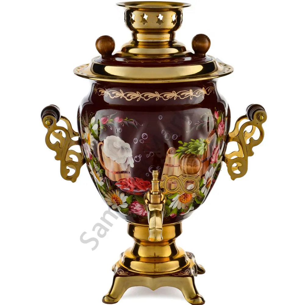 Самовар электрический 3 литра формы «Жёлудь» с худ.росписью «Баня» в наборе с подносом Самовар электрический 3 литра формы «Жёлудь» с худ.росписью «Баня» в наборе с подносом