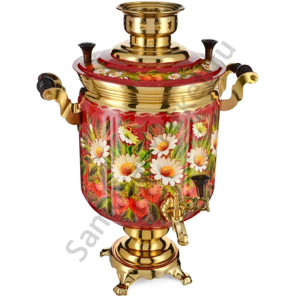 Самовар электрический 10 литров с худ. росписью «Ромашки с клубникой» формы «Банка» Самовар электрический 10 литров с худ. росписью «Ромашки с клубникой» формы «Банка»