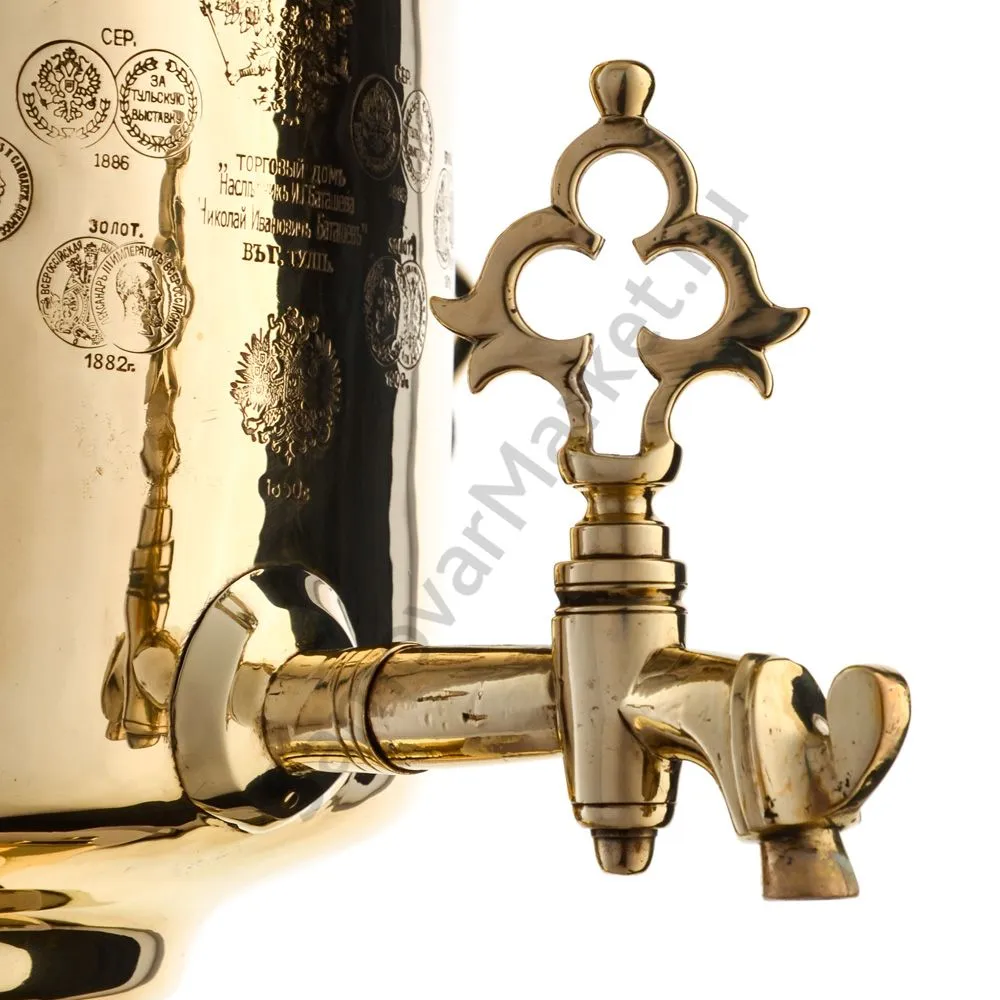 Самовар антикварный на дровах 6,5 литров формы «Банка» Н.И. Баташевах с медалями, золотистый Самовар антикварный на дровах 6,5 литров формы «Банка» Н.И. Баташевах с медалями, золотистый