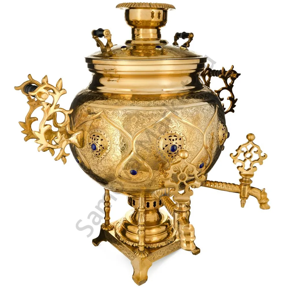 Самовар буфетный на дровах 60 л. формы«Шар»два крана на скульптурных стойках, инкрустация«Лазуритом» Самовар буфетный на дровах 60 л. формы«Шар»два крана на скульптурных стойках, инкрустация«Лазуритом»