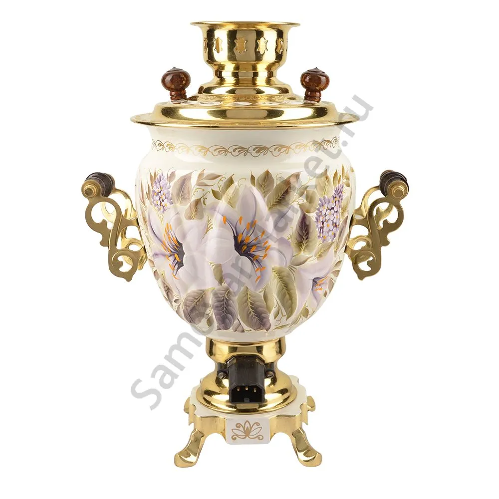 Самовар электрический 3 литра с художественной росписью «Лилии на белом в золоте» формы «Жёлудь» Самовар электрический 3 литра с художественной росписью «Лилии на белом в золоте» формы «Жёлудь»