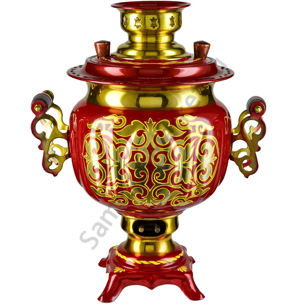 Самовар электрический 3 литра с автоотключением, худ. росписью «Орнамент красный» формы «Овал» Самовар электрический 3 литра с автоотключением, худ. росписью «Орнамент красный» формы «Овал»