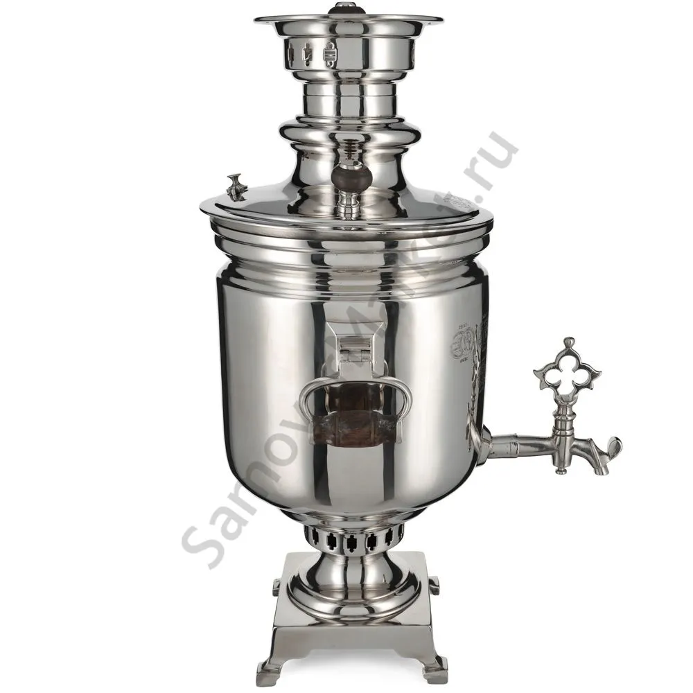 Самовар антикварный на дровах 5 литров формы «Банка» Баташева с медалями, серебристый Самовар антикварный на дровах 5 литров формы «Банка» Баташева с медалями, серебристый