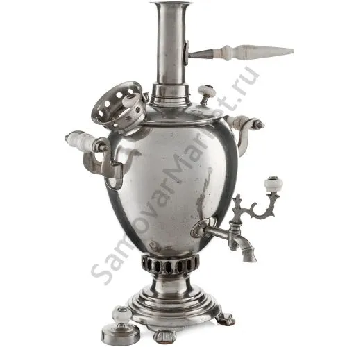 Самовар антикварный на дровах «Эгоист» 1,5 литра формы «Яйцо» Маликова, с трубой, серебристый