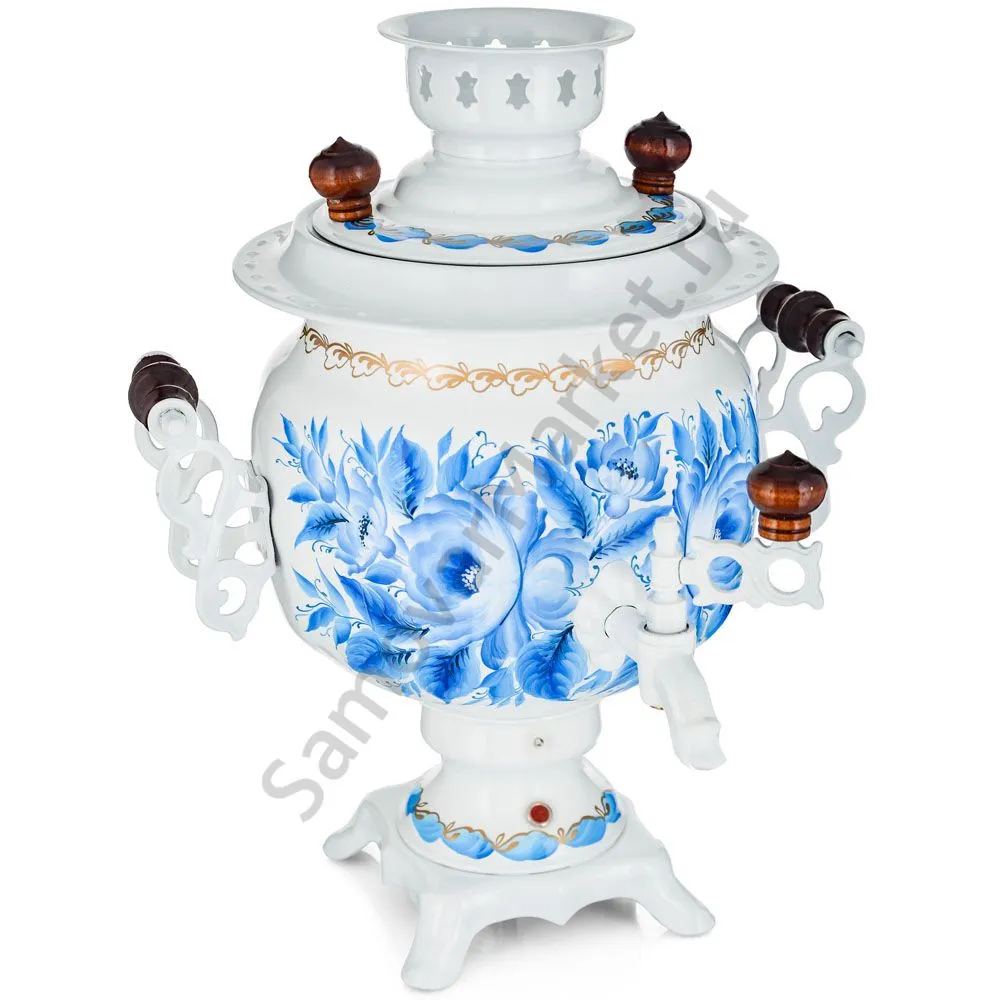 Самовар электрический 3 л с автоотключением, худ.росписью «Гжель с цветами» формы «Овал» Самовар электрический 3 л с автоотключением, худ.росписью «Гжель с цветами» формы «Овал»