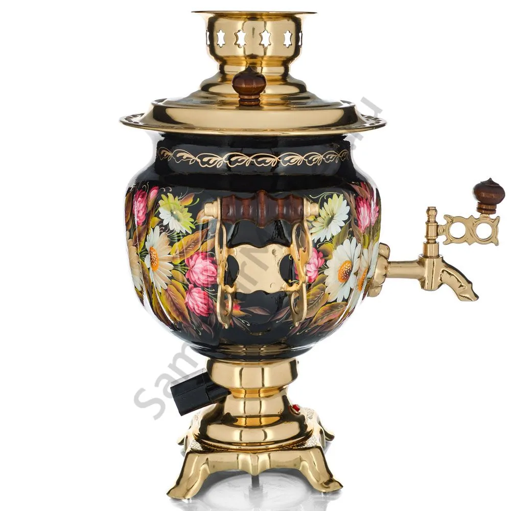 Самовар электрический 3 л с авто.откл., худ.росписью «Ромашки с клевером на чёрном» формы «Овал» Самовар электрический 3 л с авто.откл., худ.росписью «Ромашки с клевером на чёрном» формы «Овал»