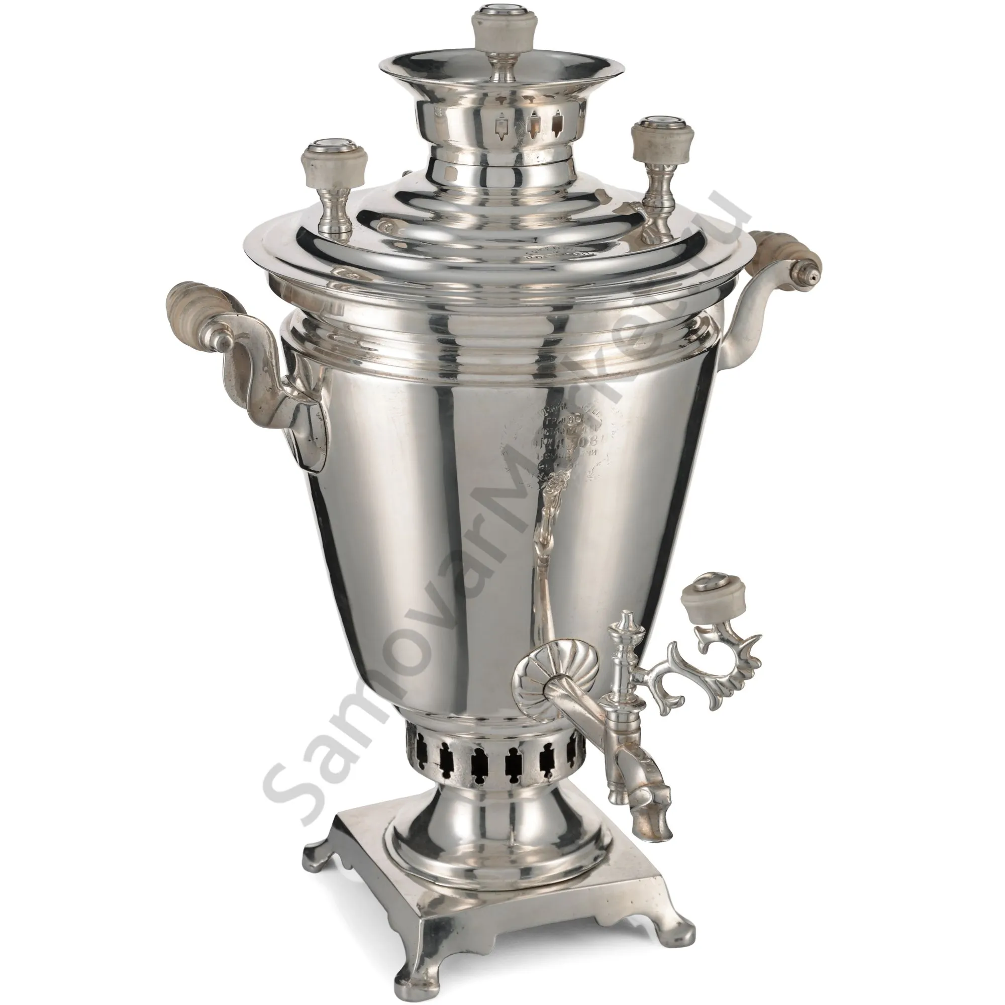 Самовар антикварный на дровах 1,1 литра формы «Рюмка» Романов,с трубой,фурнитура кость,посеребрённый