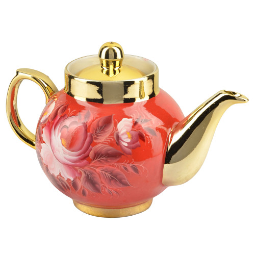 Чайник заварочный для самовара с художественной росписью «Пионы на красном в золоте»