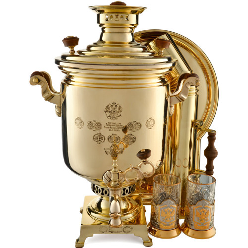 Самовар антикварный на дровах 8,5 литра формы «Банка» Баташева с медалями, в наборе из 7 предметов